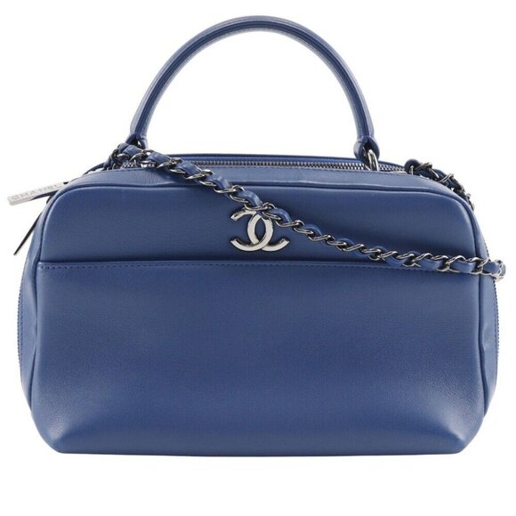 CHANEL Trendy Bowling Bag Handbag 2WAYShoulder Blue Calfskin Women - Picture 1 of 9